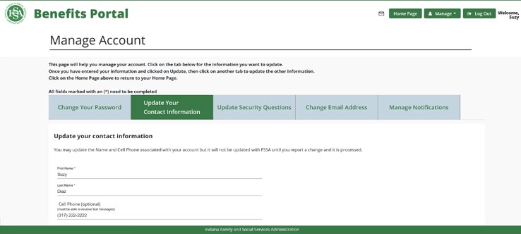Screenshot of the Manage Account page on the FSSA Benefits Portal